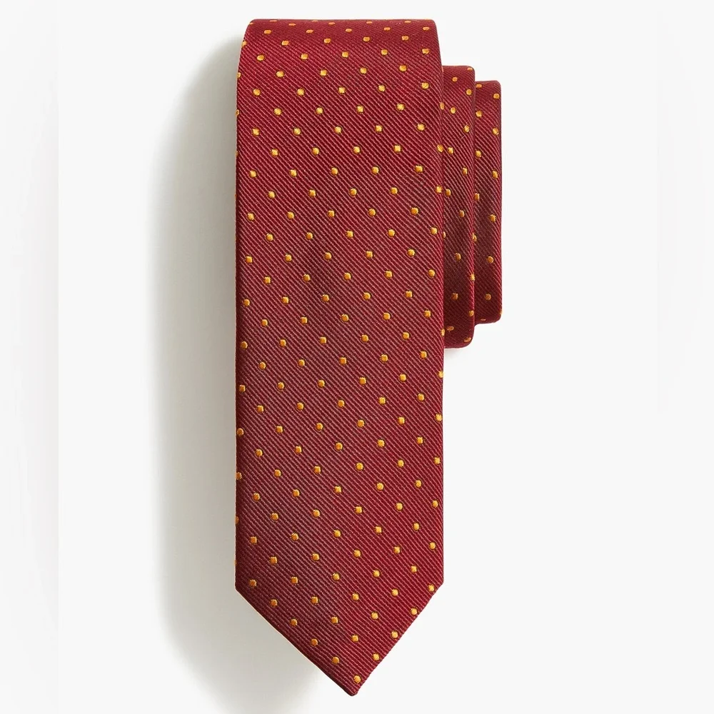 J. Crew 100% Silk Burgundy Gold Dots Tie NWT